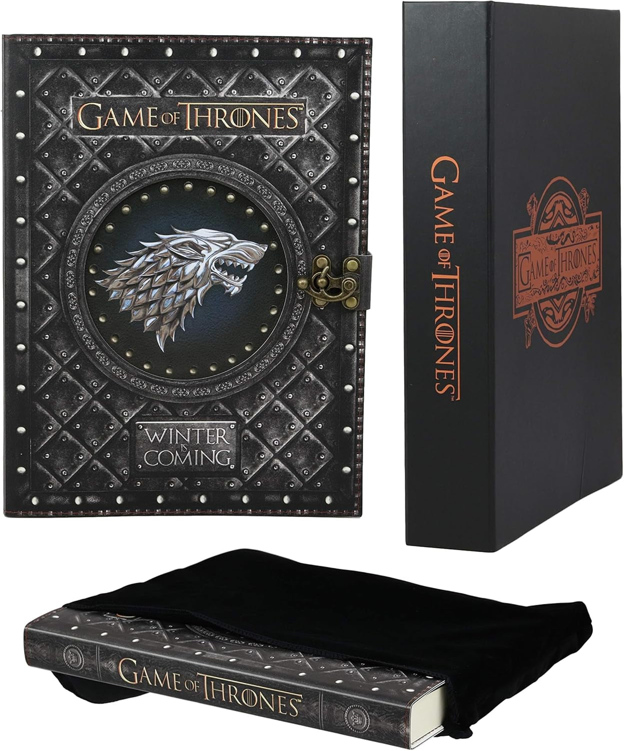 Ebros Game of Thrones House of Stark Direwolf Sigil Winter Is Coming Embossed Large Blank Page Journal with Metal Clasp 7"X10" Official GOT Book with Velvet Pouch and Gift Box Set