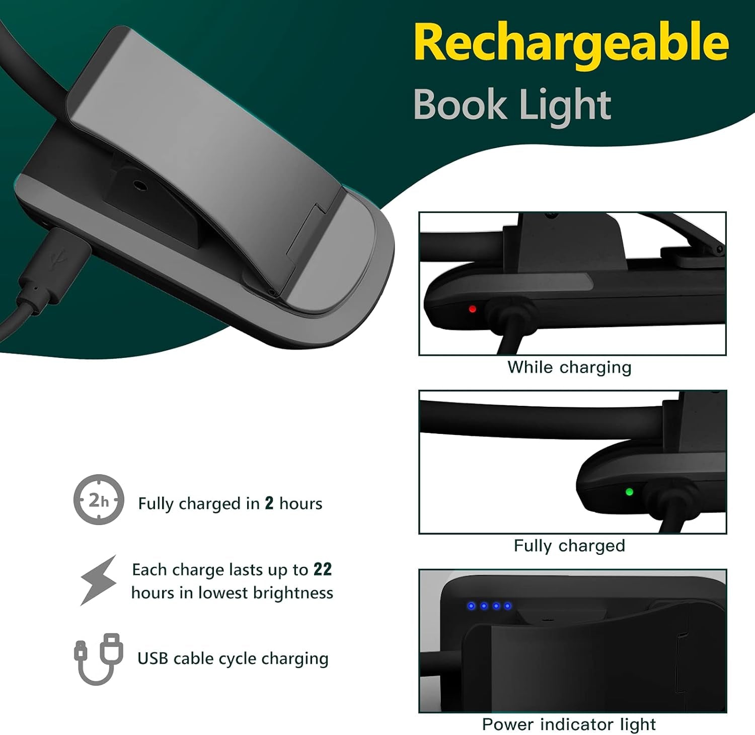 Rechargeable Clip-On LED Book Light - Eye-Care Reading Lamp for Bed, Ereader & Laptop - Perfect Gift for Book Lovers & Kids (Black)