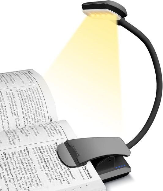 Rechargeable Clip-On LED Book Light - Eye-Care Reading Lamp for Bed, Ereader & Laptop - Perfect Gift for Book Lovers & Kids (Black)