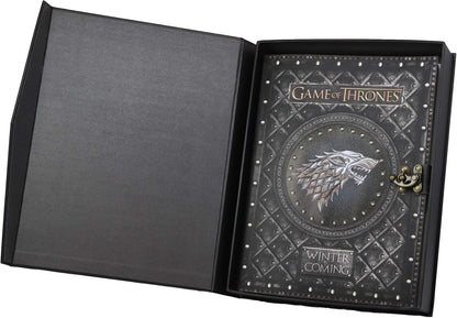 Ebros Game of Thrones House of Stark Direwolf Sigil Winter Is Coming Embossed Large Blank Page Journal with Metal Clasp 7"X10" Official GOT Book with Velvet Pouch and Gift Box Set