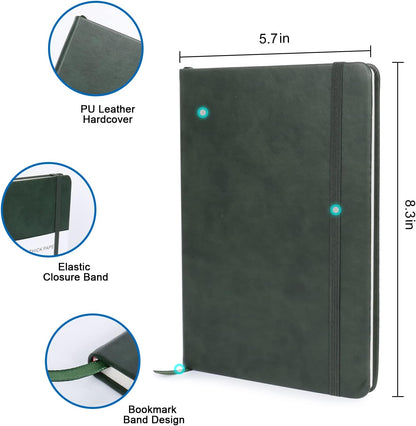 Lined Journal Notebook Dark Green Leather for Women Men 8.3 X 5.7 Large College Ruled 192 Pages 80Gsm Hardcover Notebooks Work Home School with Elastic Band Closure and Ribbon Bookmark