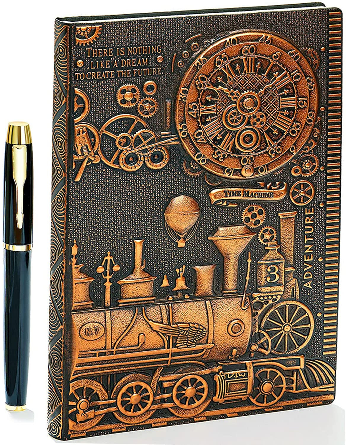 Vintage 3D Embossed Leather Writing Journal with Diamond Pen Set,A5,200Pages,Antique Handmade Daily Notepad Sketchbook,Travel Diary&Notebook to Write In,For Women Men (Train-(Redbronze))