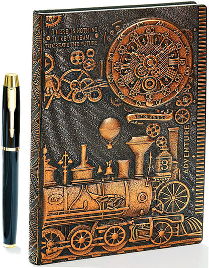 Vintage 3D Embossed Leather Writing Journal with Diamond Pen Set,A5,200Pages,Antique Handmade Daily Notepad Sketchbook,Travel Diary&Notebook to Write In,For Women Men (Train-(Redbronze))