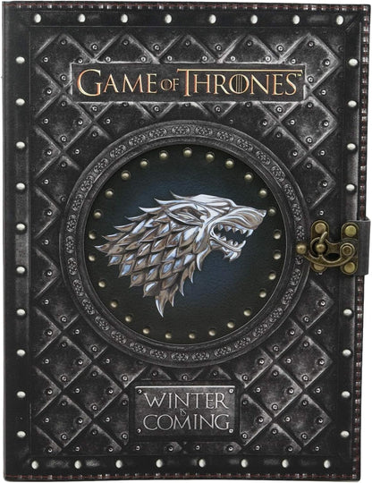 Ebros Game of Thrones House of Stark Direwolf Sigil Winter Is Coming Embossed Large Blank Page Journal with Metal Clasp 7"X10" Official GOT Book with Velvet Pouch and Gift Box Set