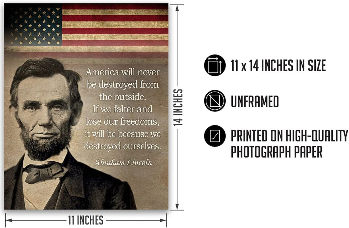 Abraham Lincoln Historic Quote Wall Art - Unframed American Patriotic Decor Printed on Photographic Paper