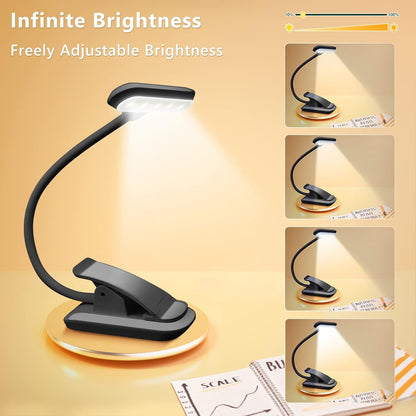 Rechargeable Clip-On LED Book Light - Eye-Care Reading Lamp for Bed, Ereader & Laptop - Perfect Gift for Book Lovers & Kids (Black)