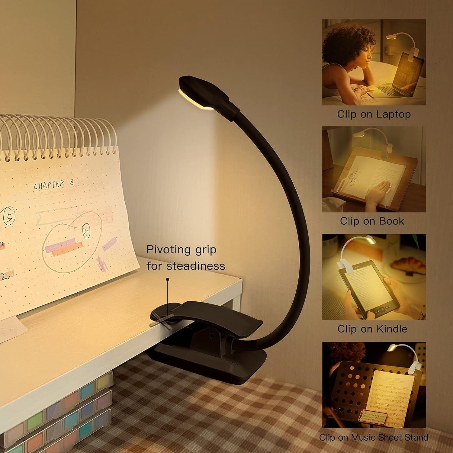 Rechargeable Clip-On LED Book Light - Eye-Care Reading Lamp for Bed, Ereader & Laptop - Perfect Gift for Book Lovers & Kids (Black)