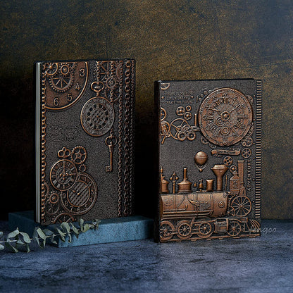 Vintage 3D Embossed Leather Writing Journal with Diamond Pen Set,A5,200Pages,Antique Handmade Daily Notepad Sketchbook,Travel Diary&Notebook to Write In,For Women Men (Train-(Redbronze))